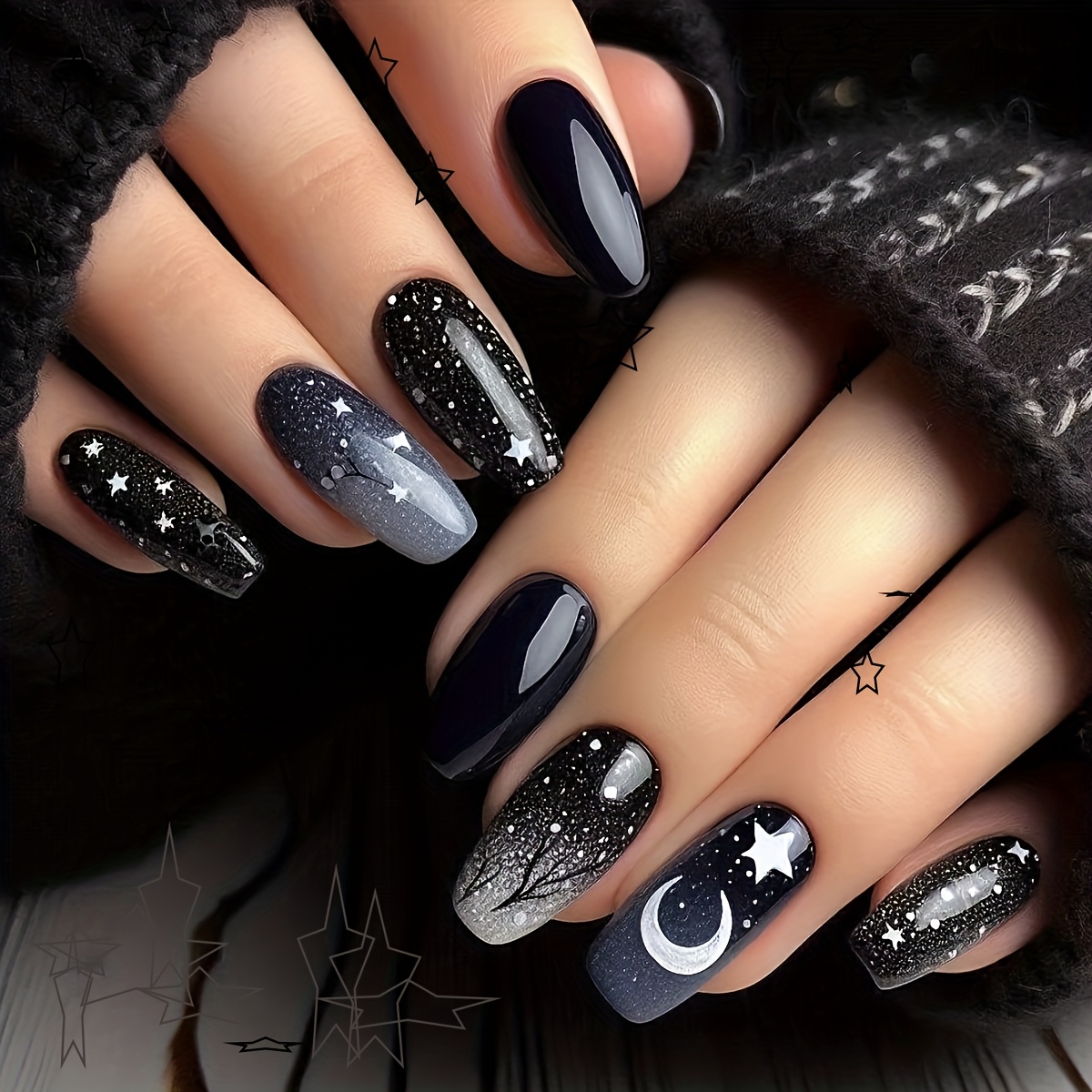 E-shop Damen Schwarz-Grau Ombre Ballett-Form Mittellange Nagelsticker mit Nachtwald, Sternen- und Mond-Musterdesign. Glänzende Nagelsticker, geeignet