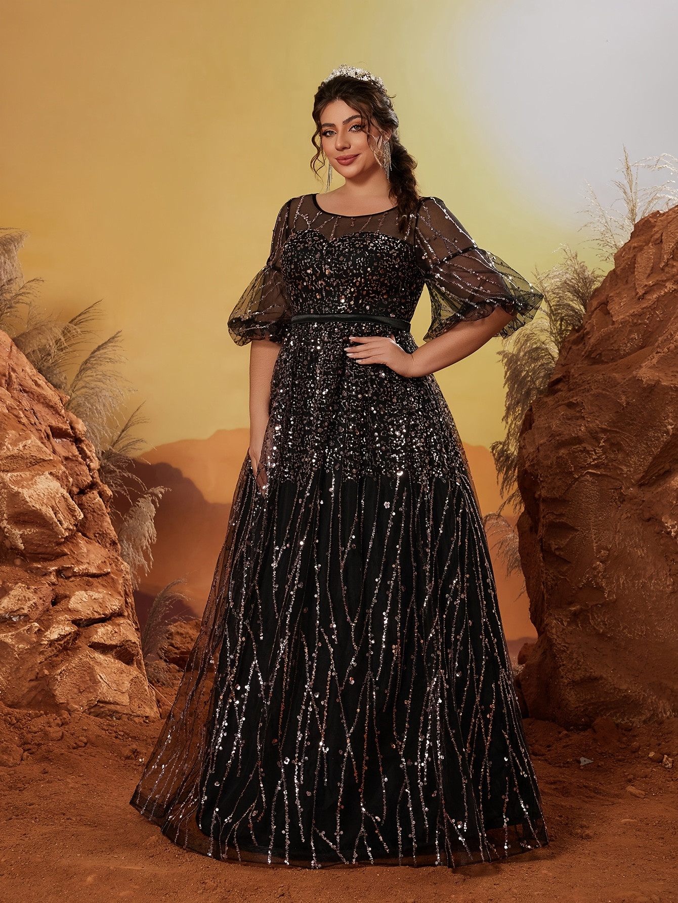 Plus Size, Plus-size Black Sequin Waist-cinching Evening Gown with Puff  Sleeves and Mesh Skirt, and Elegant Dress for Banquets/*/weddings