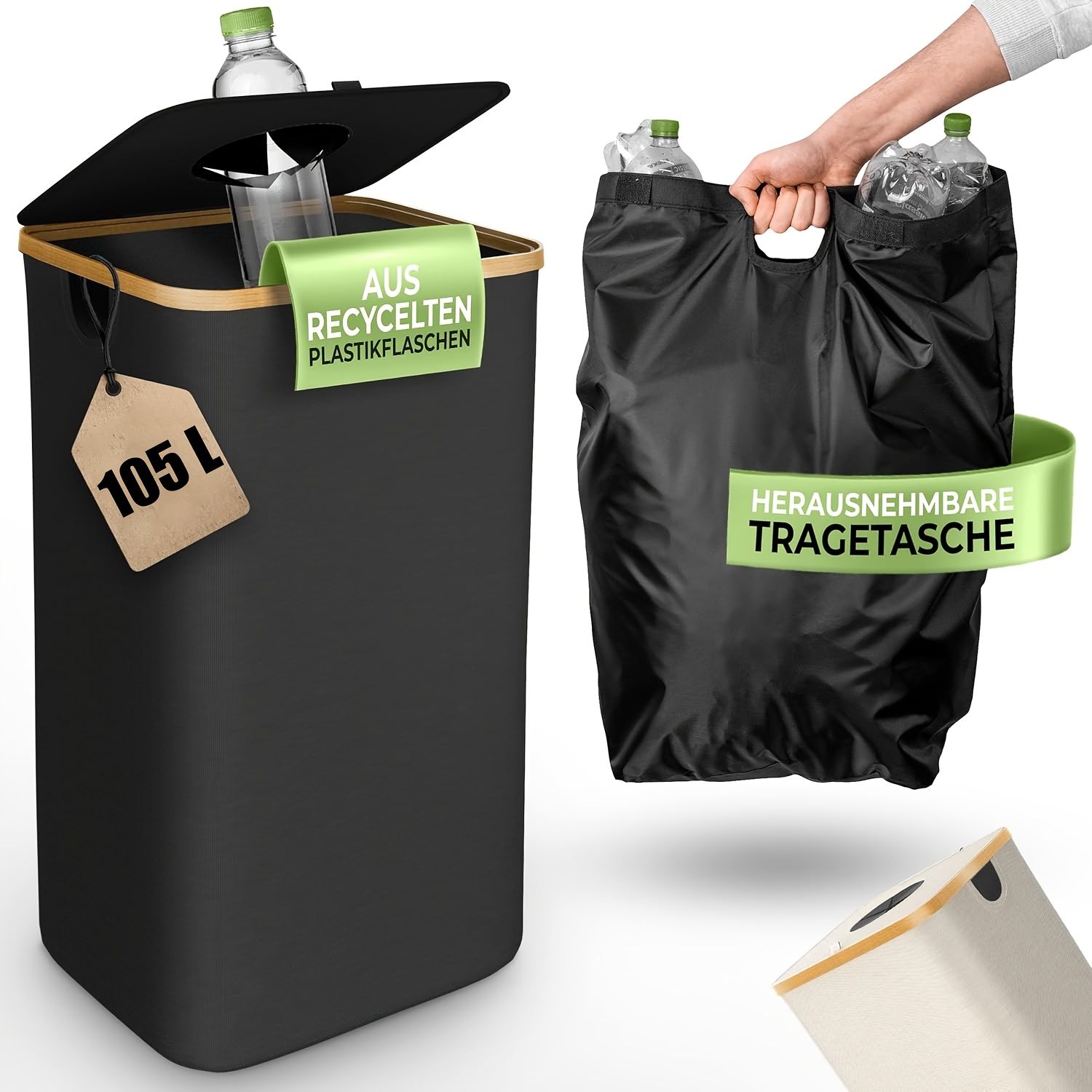 Tavaler 105l Waste Container, Durable Washable 900d Polyester Bottle And Can Bin With Carry Handles, Removable Inner Bag For Easy Recycling And Laundry