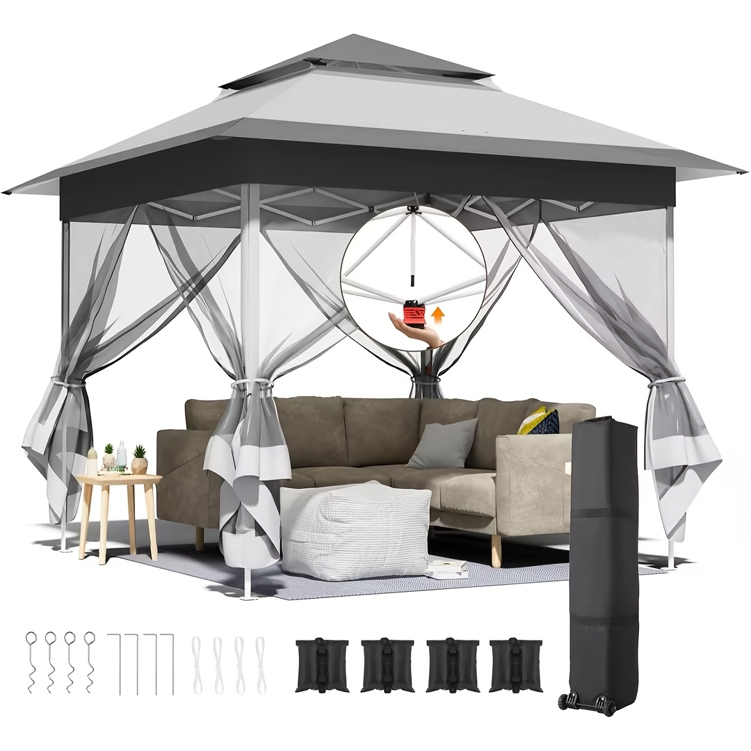 Image of 3.3x3.3 Gazebo, Gazebo With 4 Net Side Panels, 1-push Folding Stable , Double-top Party Tent Uv Protection 50+, Garden With 4 Sandbags, Suitable For Patio/market/camping
