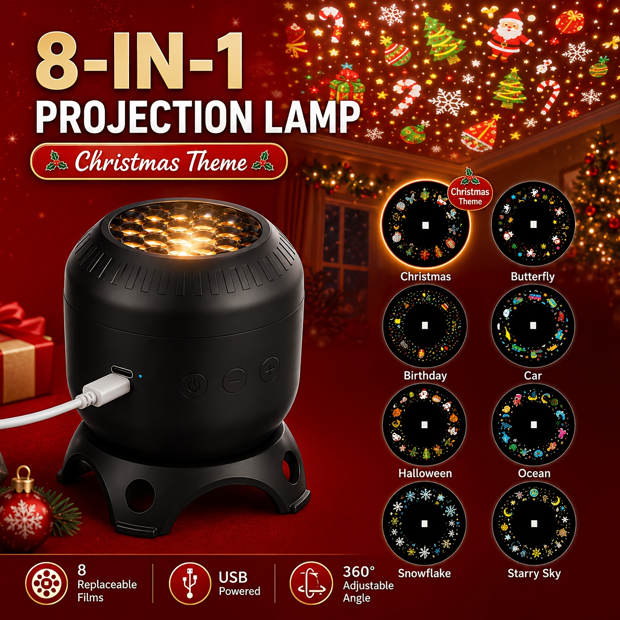 TEMU Christmas Ceiling Projector Night Light, Led Projection Lamp With 8 Hd Pattern Films, Usb Powered Holiday Decor For Bedroom Living Room Party