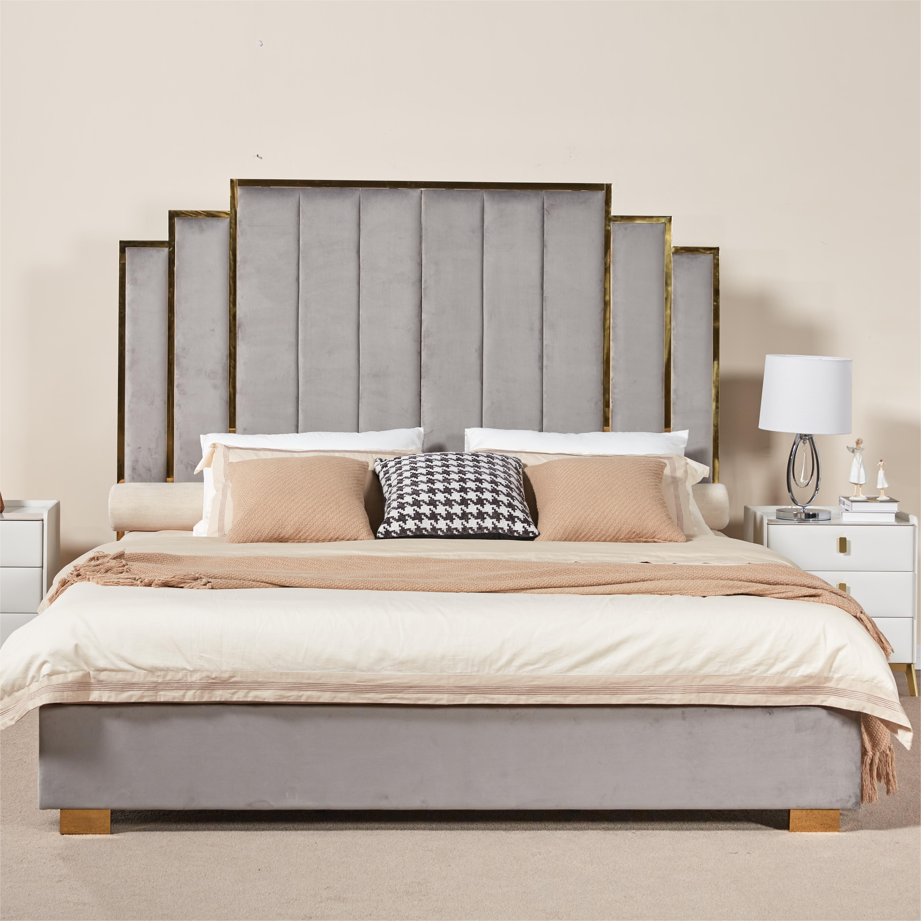 

Queen Modern Upholstered Bed Frame With 61-inch Headboard And Gold Plating Trim, No Box Spring Required Grey