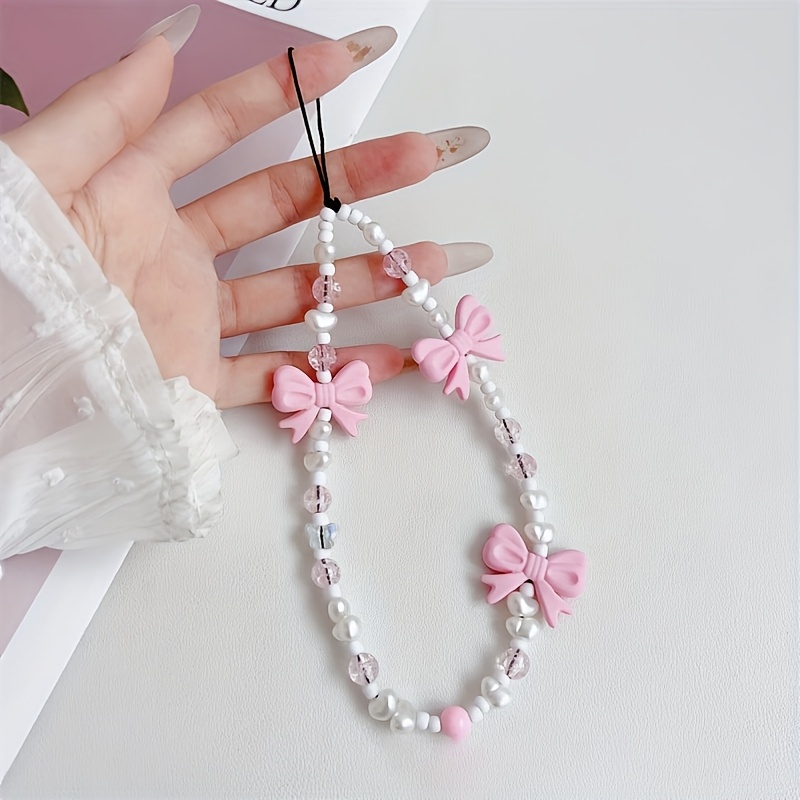 

Chic Pink Beaded Phone Lanyard - Trendy Acrylic Wrist Strap Charm For Electronics