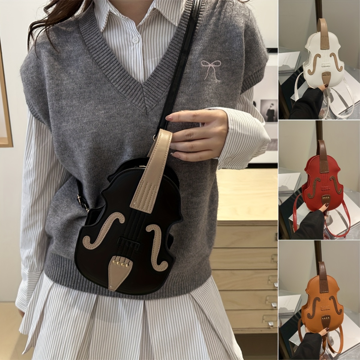 

1pc Sac Bandoulière en de Violon pour Femme – Sac à Épaule Élégant avec Sangle Réglable, Design Noir/Blanc, pour un Décontracté, Mini Sac à Main