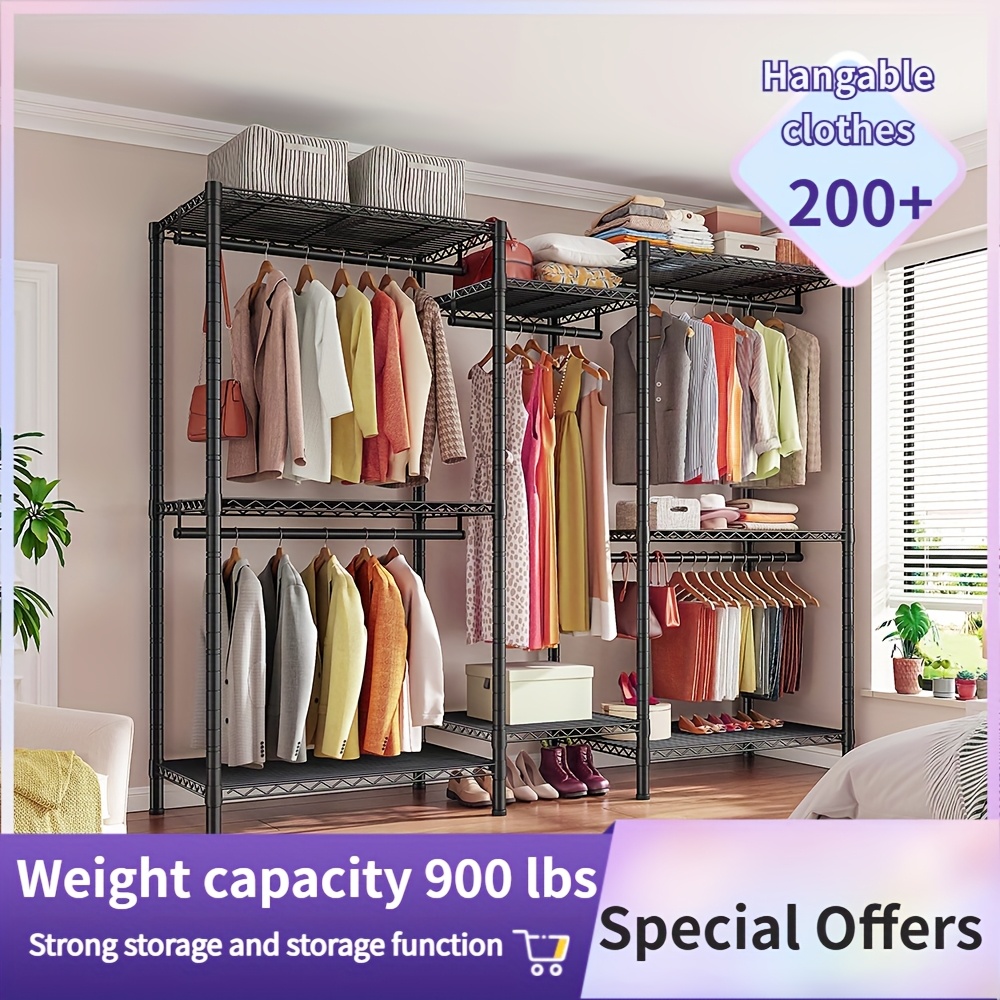 TEMU 900lb Capacity 3-tier Closet Rack Organizer | 22mm With 8 Adjustable Shelves And 5 Durable Rods | 77" Tall Freestanding Wardrobe For Hanging