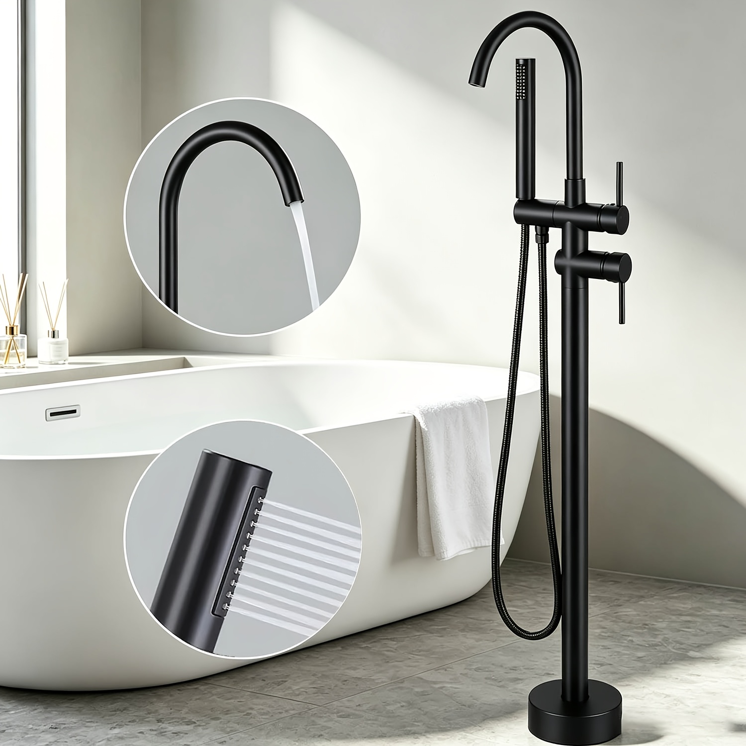 Image of Freestanding Bathtub Faucet, Floor-mounted Bathtub Faucet, Shower Faucet, Brass Bathtub Filler With , Swivel Gooseneck Spout, And Handheld Shower Head, Golden Bathtub Faucet