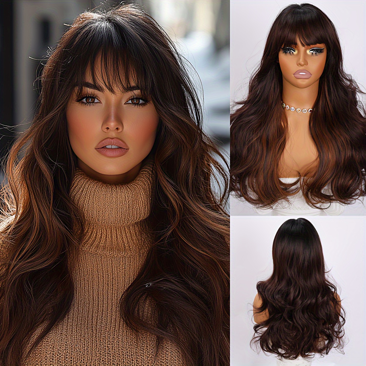 TEMU 26 Inch Body Wave Wigs With Bangs - Natural Synthetic Hair, Realistic Hairline, Adjustable - For Women, Daily, Party & Cosplay