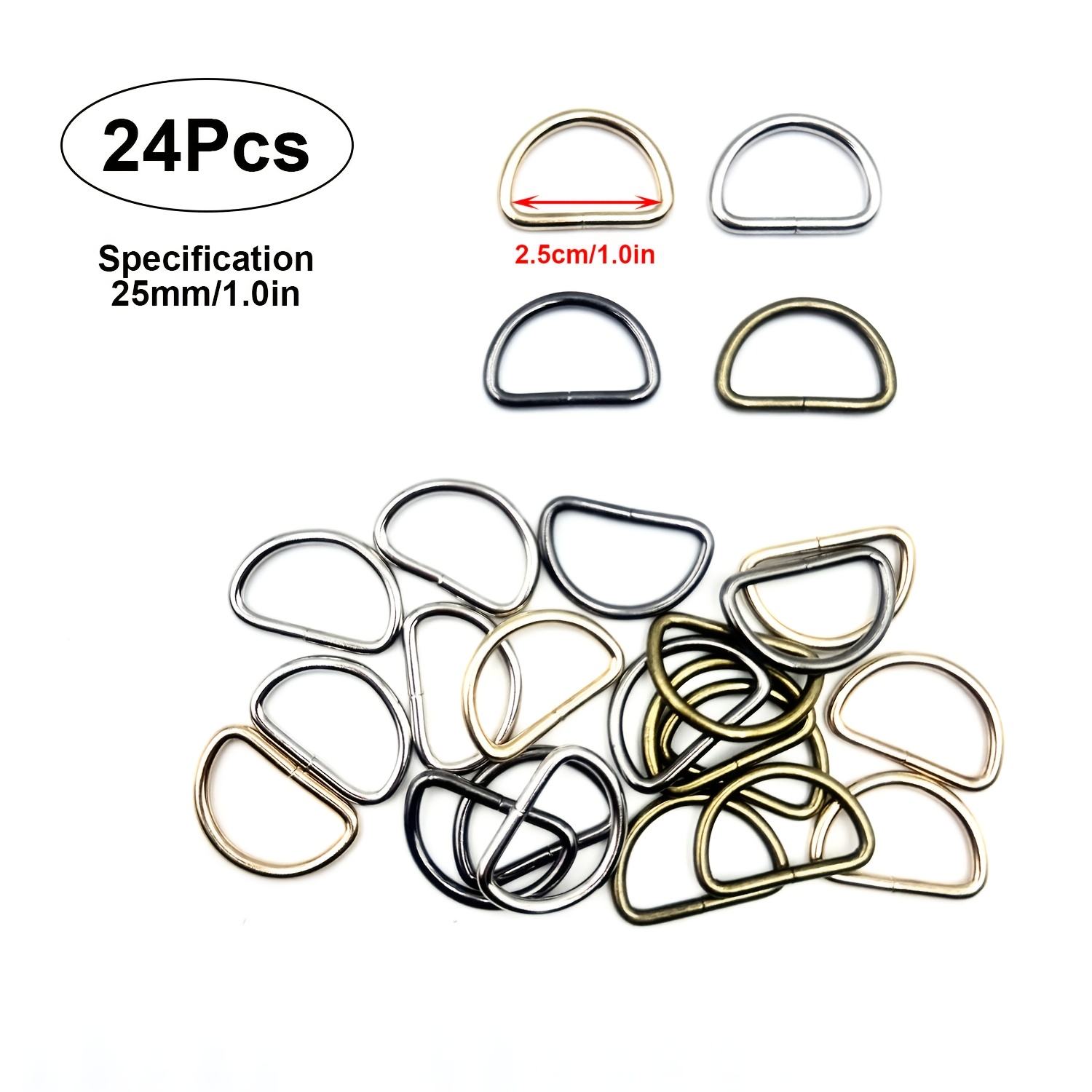 24pcs Metal D Rings, Mixed Color Multi Purpose D Semi Circular D Ring For Keychains Belts, Hardware Bags Ring, Dog Collar, Strap Sewing And Hand Additions