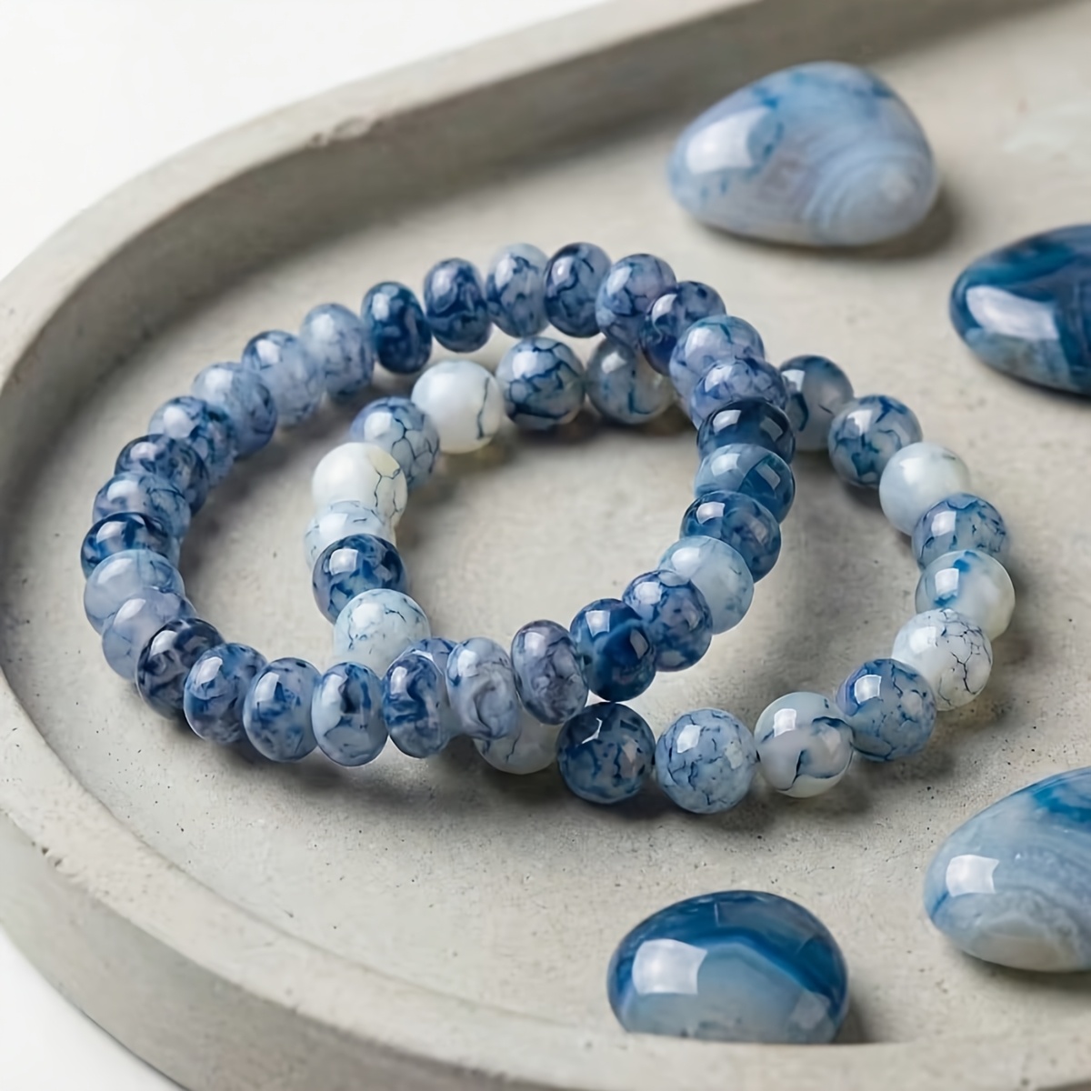 2pcs Blue Dot White Agate Bead Stretch Bracelet Set