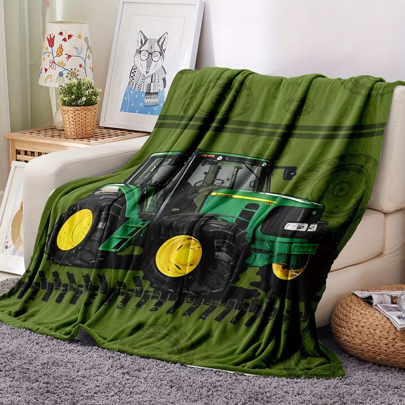 soft cozy tractor print flannel throw blanket   bedroom decor shawl wrap and birthday gift details 1