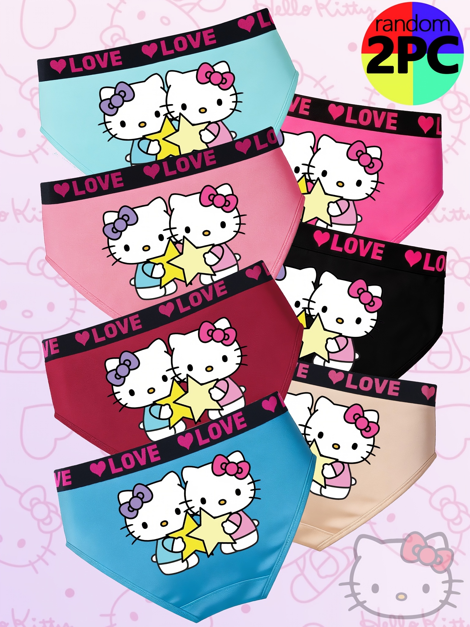 Sanrio Hello Kitty Cartoon Print Women's Underwear, Polyester Comfortable Mid-Waist Briefs, Random 2pcs/Set, Multiple Colors Available