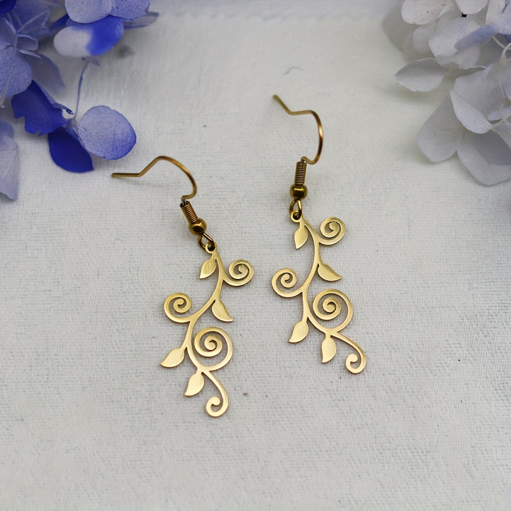 TEMU Bohème Boucles d'Oreilles en Acier Inoxydable à Motif Feuille et Branche Découpé au Laser - Design Tourbillonnant Intriqué, Naturelle