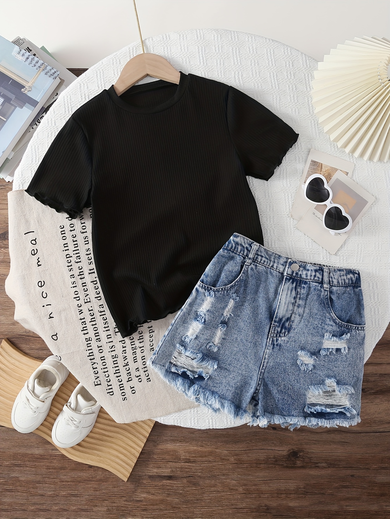girls' casual denim shorts black t shirt two piece set Temu Ireland