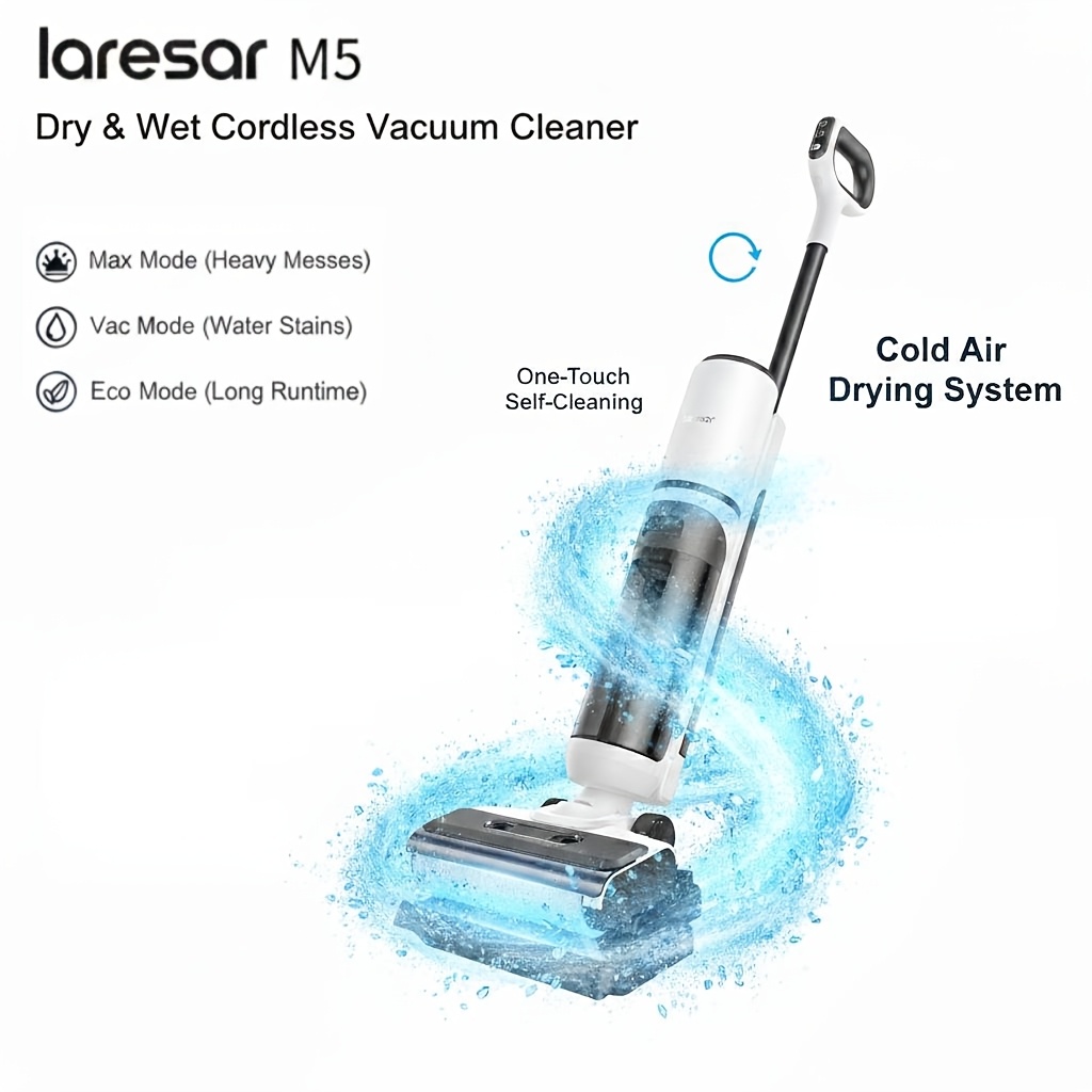 Laresar M5 Cordless Wet And Dry Vacuum Cleaner 17000pa Suction Hard Floor Vacuum And Mop Combo 55 Min , Lightweight, Full Edge Cleaning, Edge Cleaning Mop, Automatic Suction Adjustment