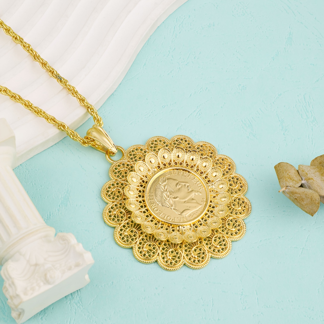 

Golden Tone Vintage Style Double Layered Sunflower Coin Pendant Necklace, Retro Arabic Statement For Women's Accessory