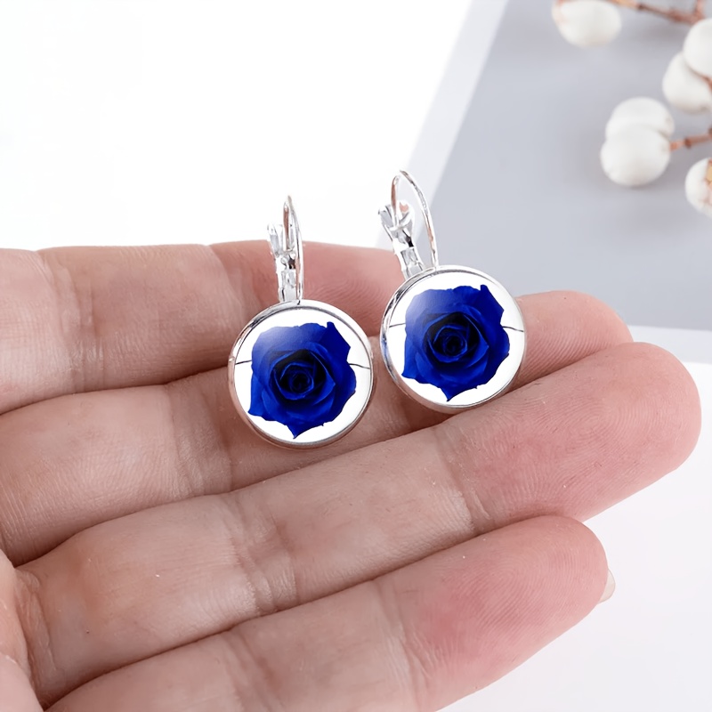 2pc Exquisite White Round Glass Inlaid Earrings with Blue Rose Petal Design