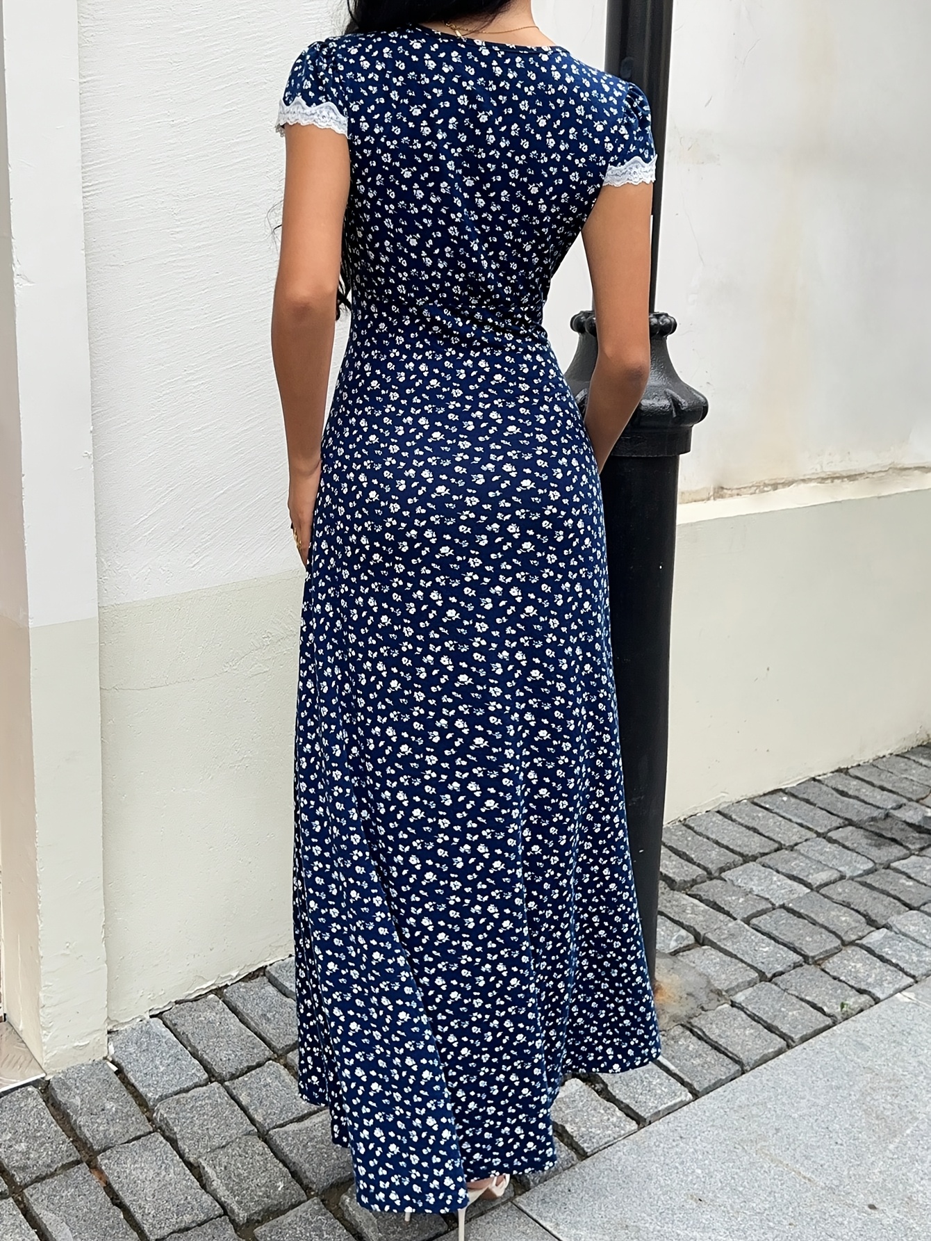 slim fit dress slacks Floral Print Lace Trim V-neck Maxi Dress – Micas main image 1