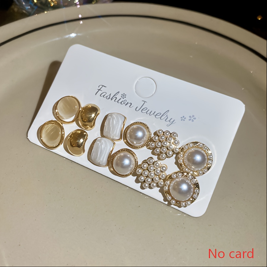 TEMU Juego de 6 de aretes vintage elegantes de moda, brillantes, redondos y cuadrados | Material de aleación de chapado, para uso diario y para
