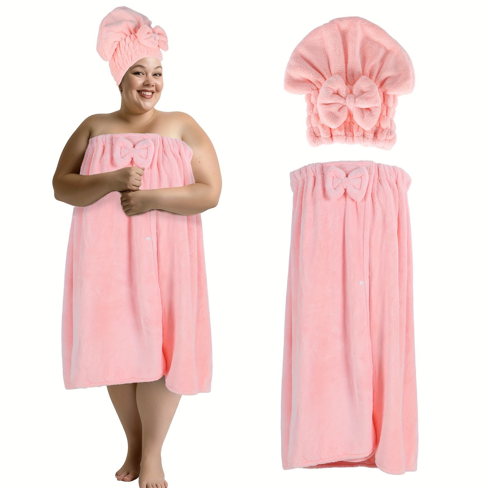 TEMU 2pcs Set 80*215cm 350gsm Plus Size Bathrobe + Shower Cap With Adjustable Suitable For Xxxl-xxxxl Thickened Bathrobe Suitable For Home And Travel