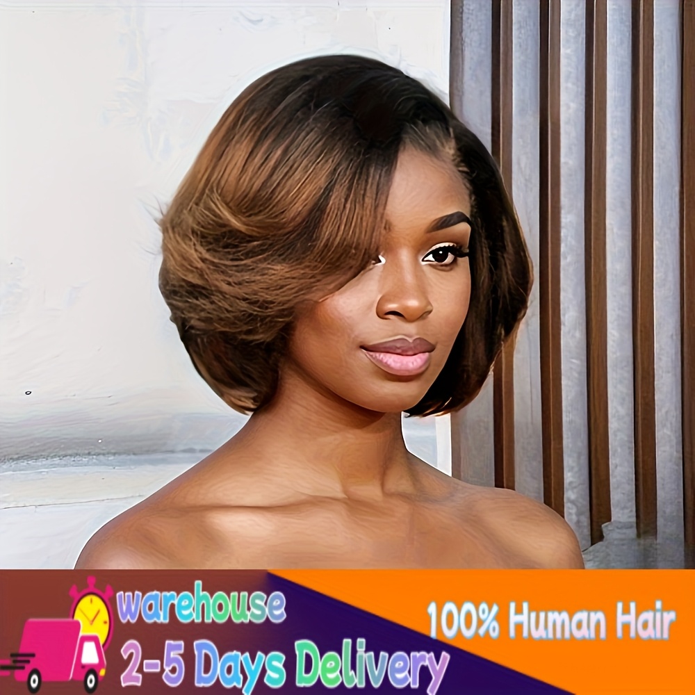 TEMU 13x4 Glueless Short Bob Lace Front Wig For Women - Cut, Pre- Straight Human Hair, 8 Inches, 180% Density, Versatile Style For All , Short Hair Wig