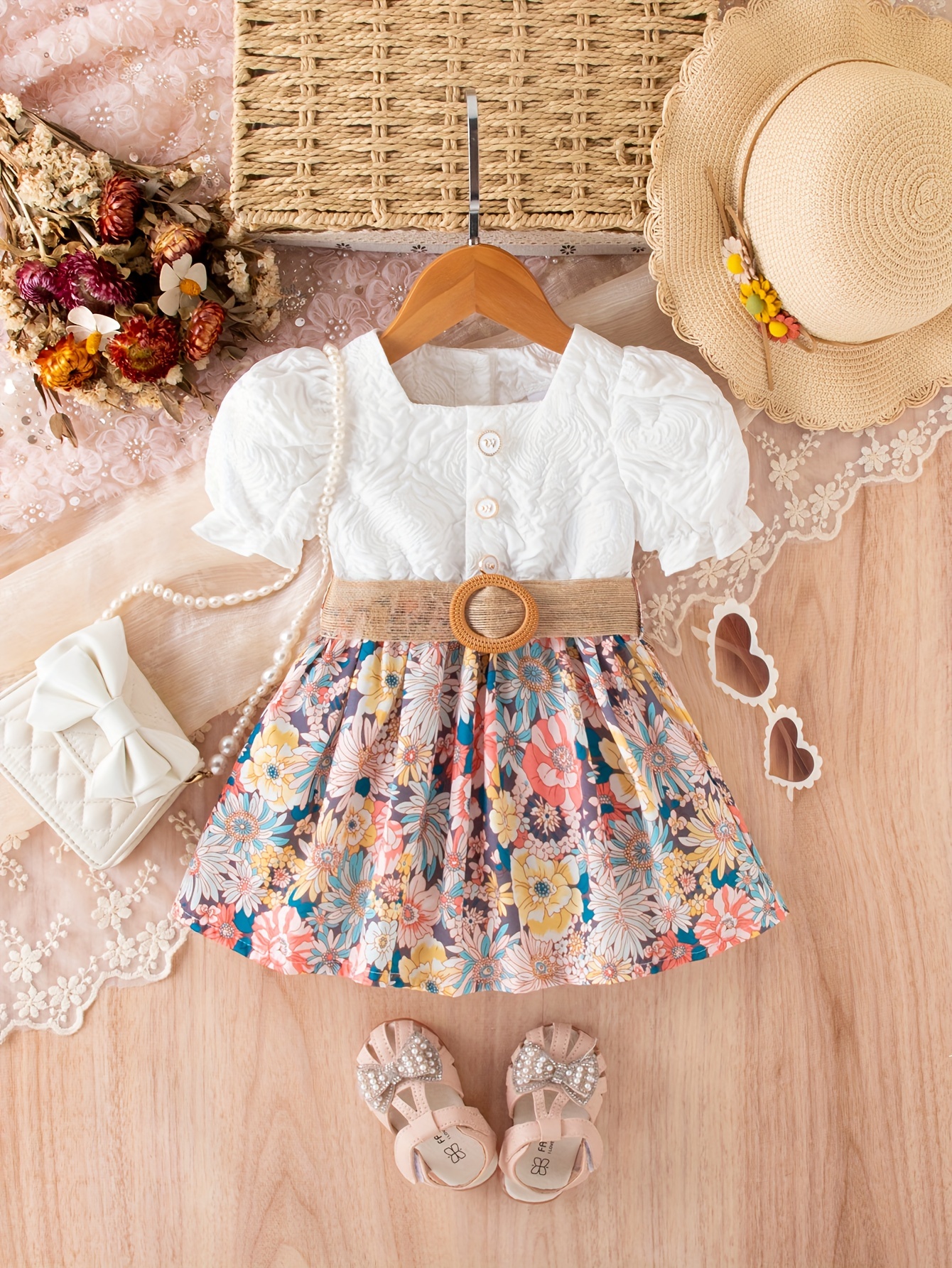 Baby's Lovely Flower Jacquard Belted Dress Casual Puff - Temu Morocco