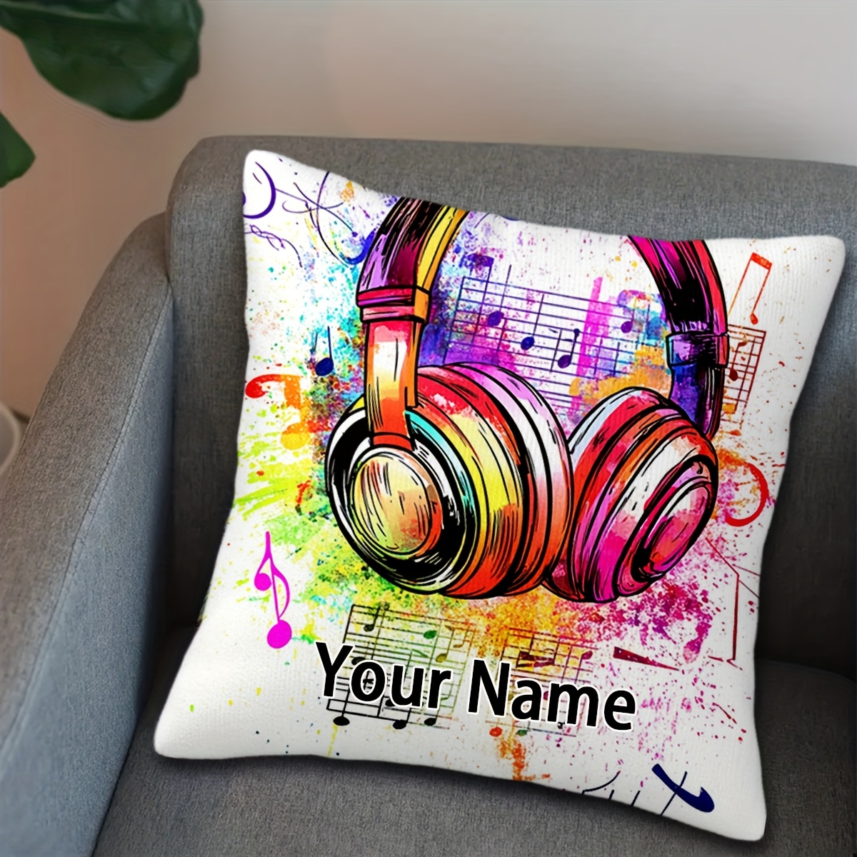 TEMU Customizable, 1pc, Throw Pillow Covers, With Customizable Or Names, Headphones Music Notes Musical Elements, Patterned Short Plush Pillowcase,