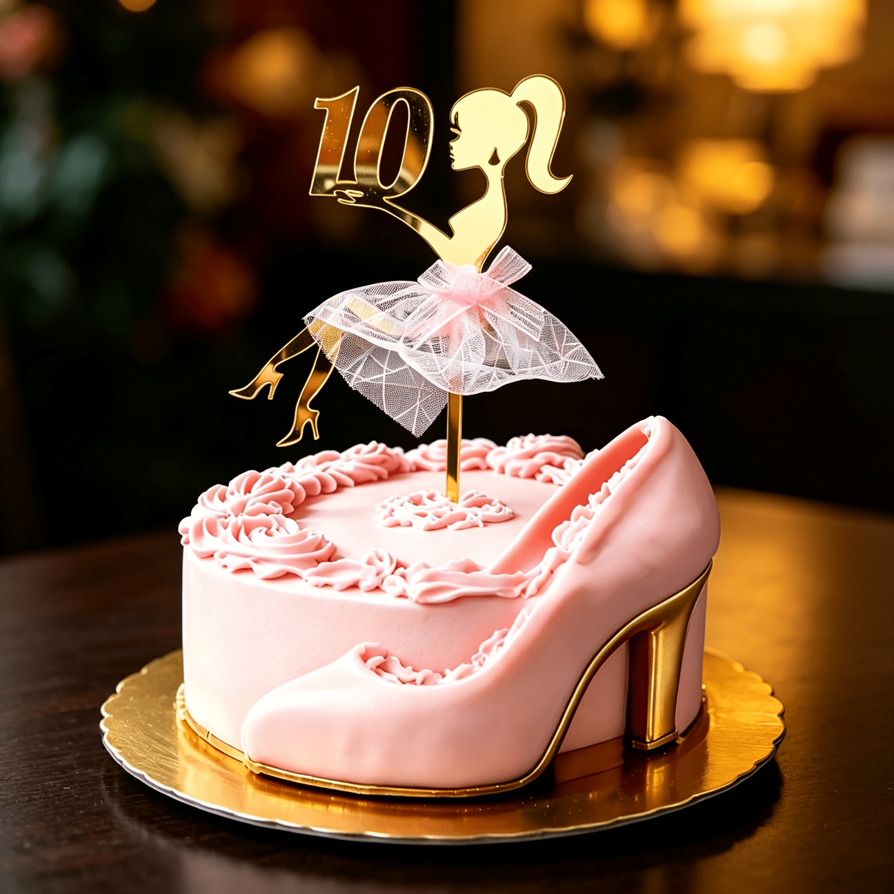 TEMU 1pc Golden Acrylic 10th Birthday Cake Topper With Little Girl And In Pink Dress, Girl Silhouette Cake Decor, Kids Party Supplies, Halloween