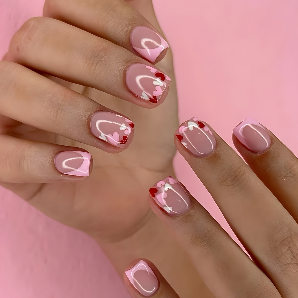 

Valentine's Day 24pcs Short Press On Nails Pink And Red French Style False Nails With Hearts And Pink Tip Pattern Reusable Fake Nails For Women And Girls