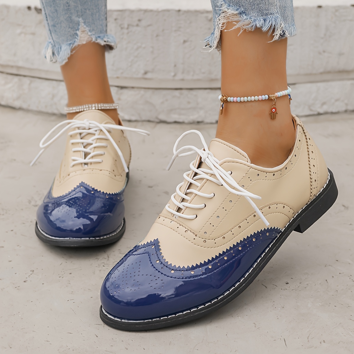 Elegant Women'S Wingtip Oxfords Large Size, Navy Blue Beige, Lace-Up  Dress Shoes with Rubber Sole Stylish *|S