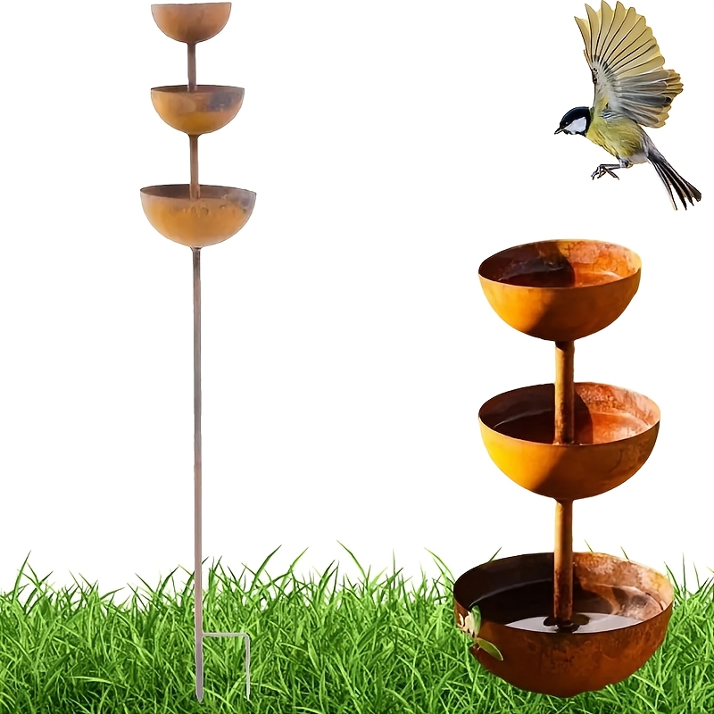 TEMU 1pc Rust Metal Rain Catcher Stake Bird Bee Water Feeder Bowl Garden Decor