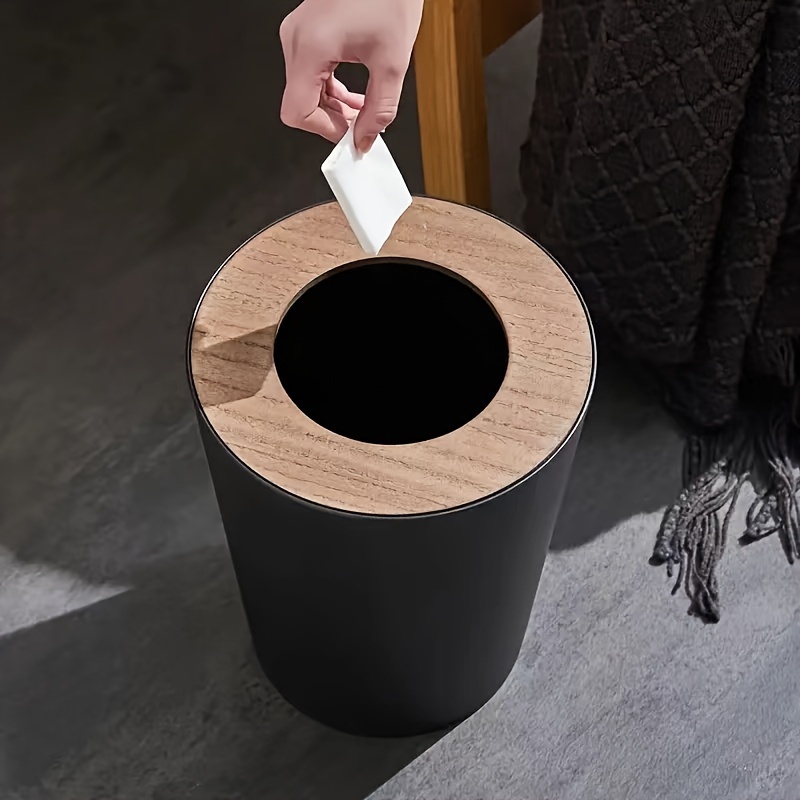 

1 poubelle ronde élégante avec couvercle en bois, grande capacité, corbeille à déchets en plastique pour cuisine, salle de bain, salon, décoration moderne pour la maison - Options blanc et noir