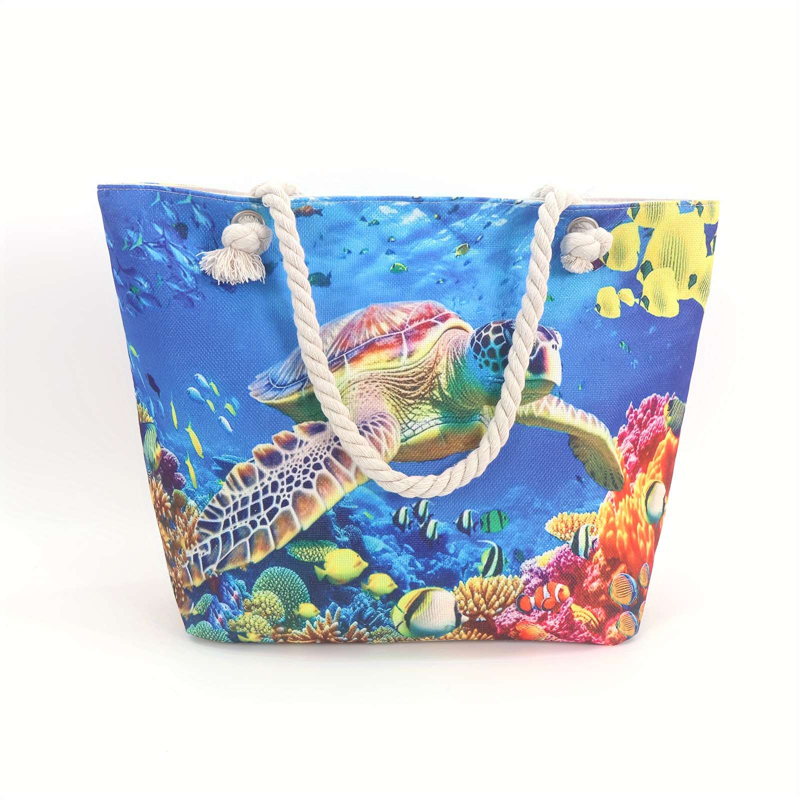 

Casual Canvas Beach Tote Bag With Zipper Closure, Large Capacity Women's Handbag With Rope Handles, Sea Turtle Sparkle Design, Waterproof Inner Lining, Washable And For Beach, Pool, Sports