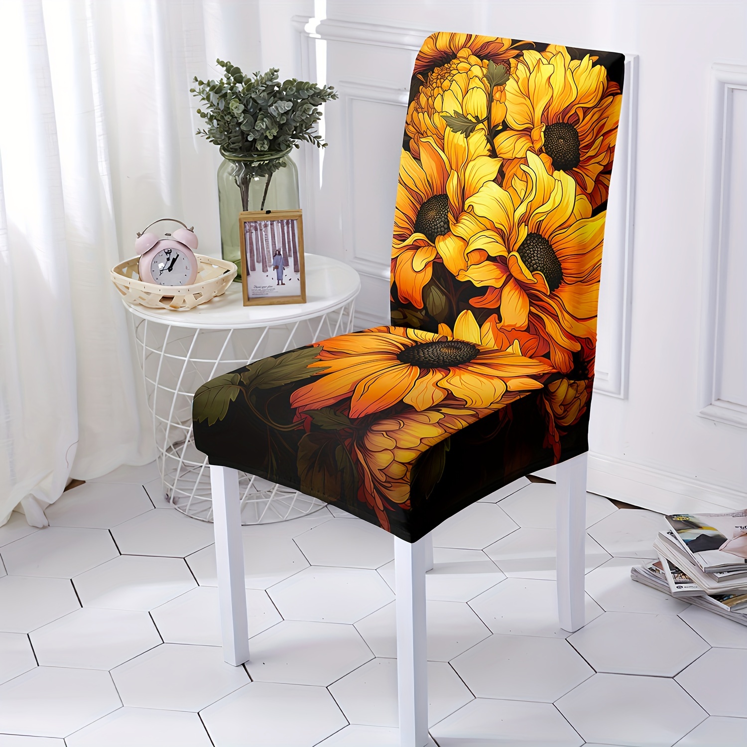 

Sunflower Print Elastic Chair Cover For Dining Room - 4/6pc Set, Classic Style, Machine Washable, 120-140g Milk Silk Fabric, Digital Print, Suitable For Restaurants, Hotels, Ceremonies, Festivals