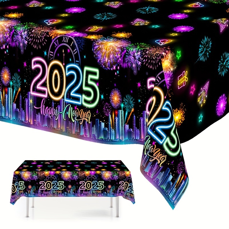 

2025 Happy New Year Party Tablecloth - Design, Disposable Plastic Cover 130x220cm, Decorations