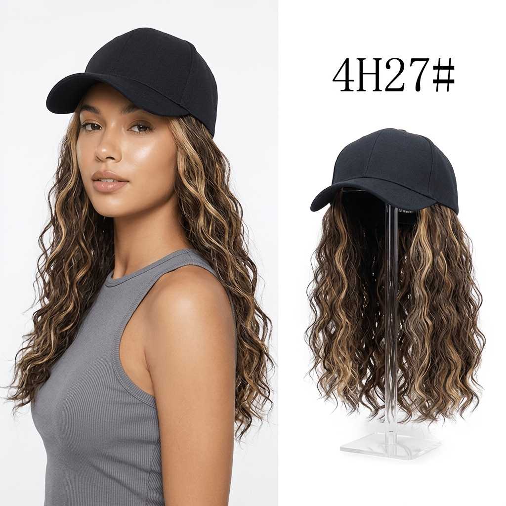 2in 1 Hat Wig For Women, Black Adjustable Baseball With Blonde Highlight Loose Water Wave Synthetic Curly Hair, Hairstyle Accessory For Party