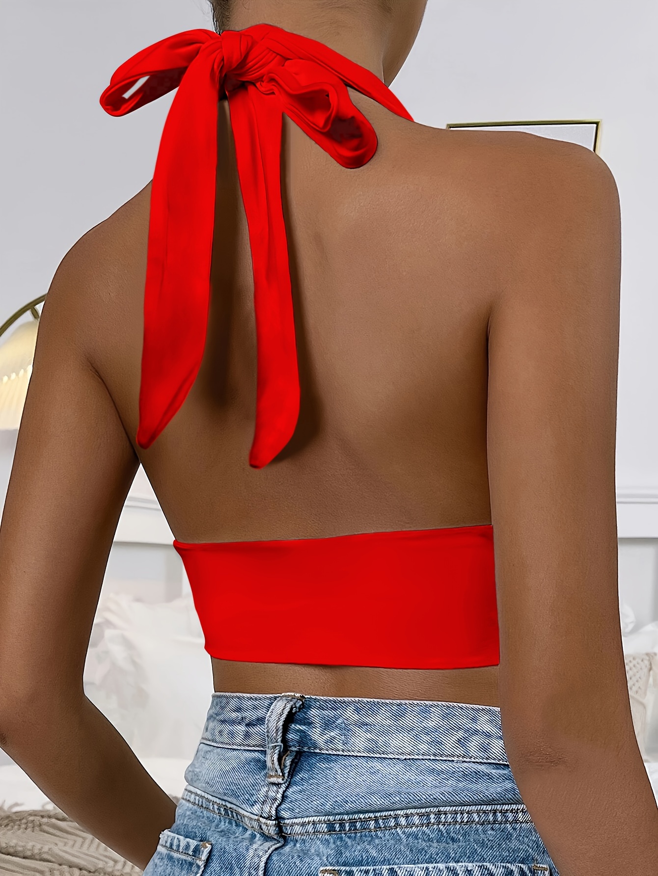 Aayomet Womens Tops Women's Deep V Neck Halter Tie Back Sleeveless Backless  Cami Crop Top,Rose Gold S 
