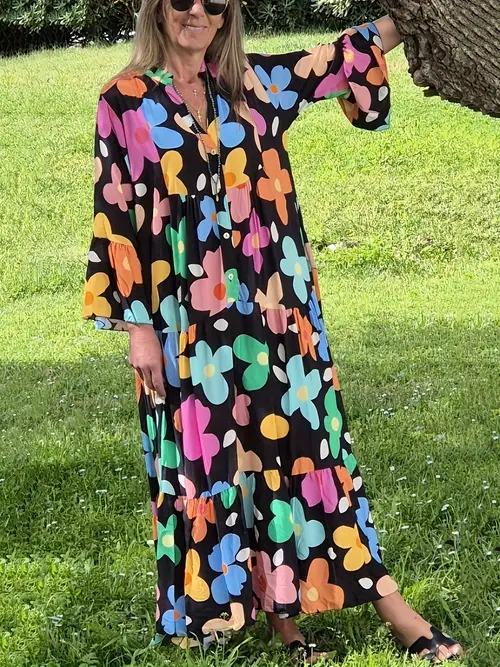women floral print boho v neck maxi dress with layered design button closure three quarter flared ruffle sleeves super loose fit