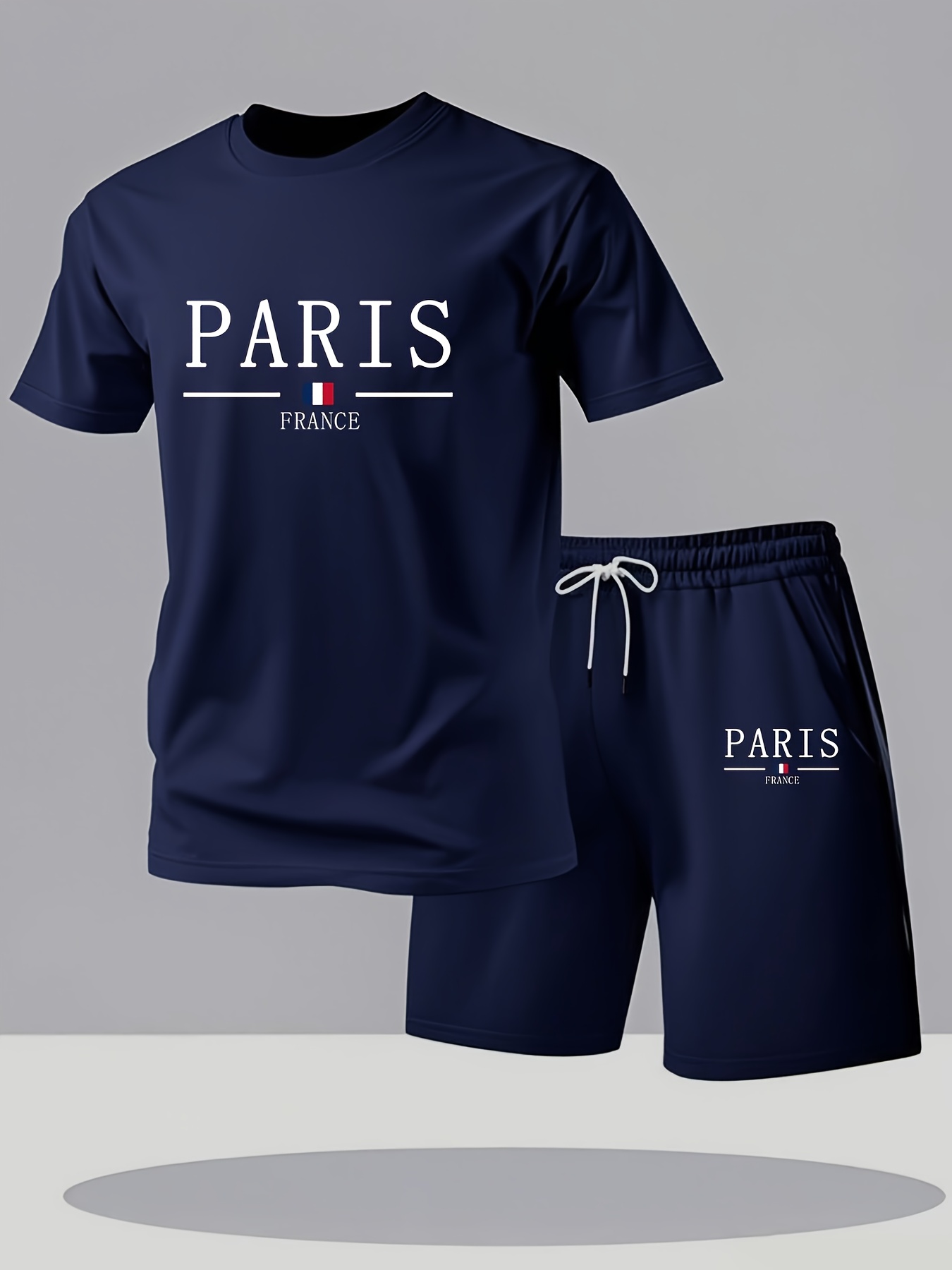 Paris Gradient Letter Print Men's Two-Piece Set: Crew Neck Short Sleeve T-Shirt and Drawstring Shorts Summer Casual Sportswear