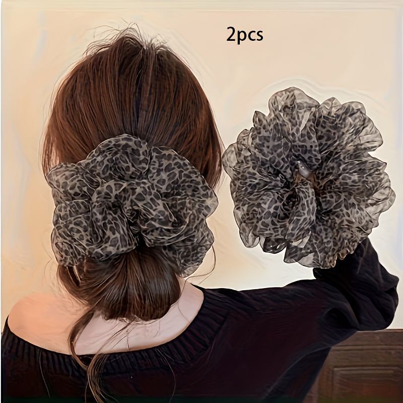 Image of 2pcs Leopard Print Mesh Large Hair Circle Hair Rope, Leisure And Entertainment Ladies Bun Head Tie Hair Artifact Hair Additions Headdress