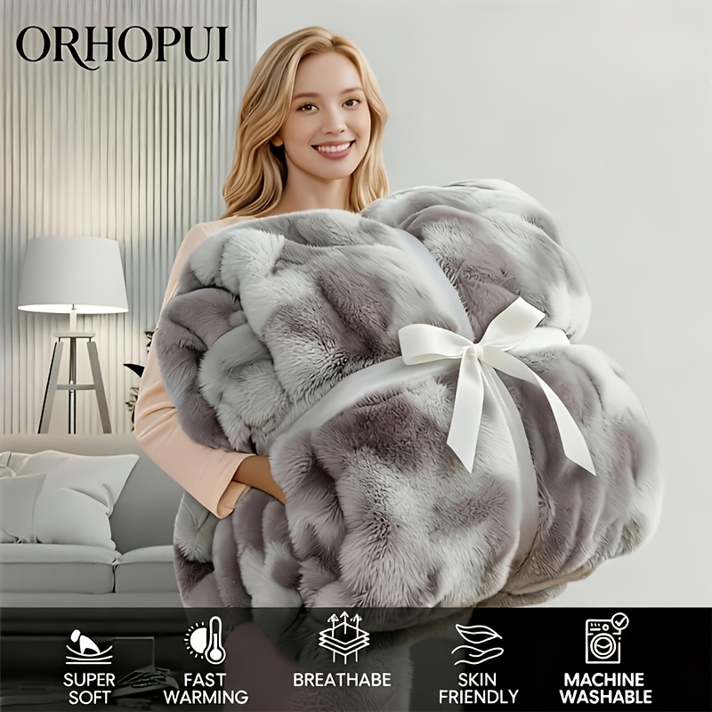 TEMU [while Stocks Last] Orhopui Luxury Faux Rabbit Fur Bubble Plush Throw Blanket | & Cosy Reversible Blanket | Perfect Valentine's Day Snuggle Gift