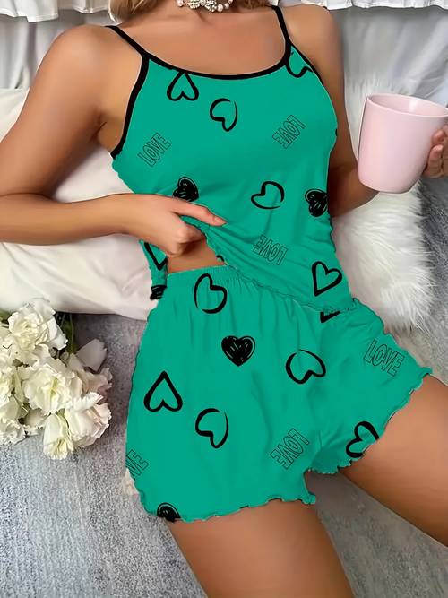 Women'S Sleepwear Set with Heart Print Camisole And Shorts