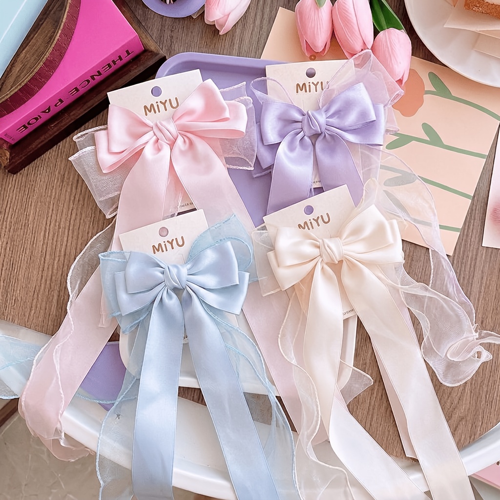 TEMU 4pcs Girls' Satin Mesh Bow Ribbon Hair Clips, Long Ribbon Hair Clip, Headwear