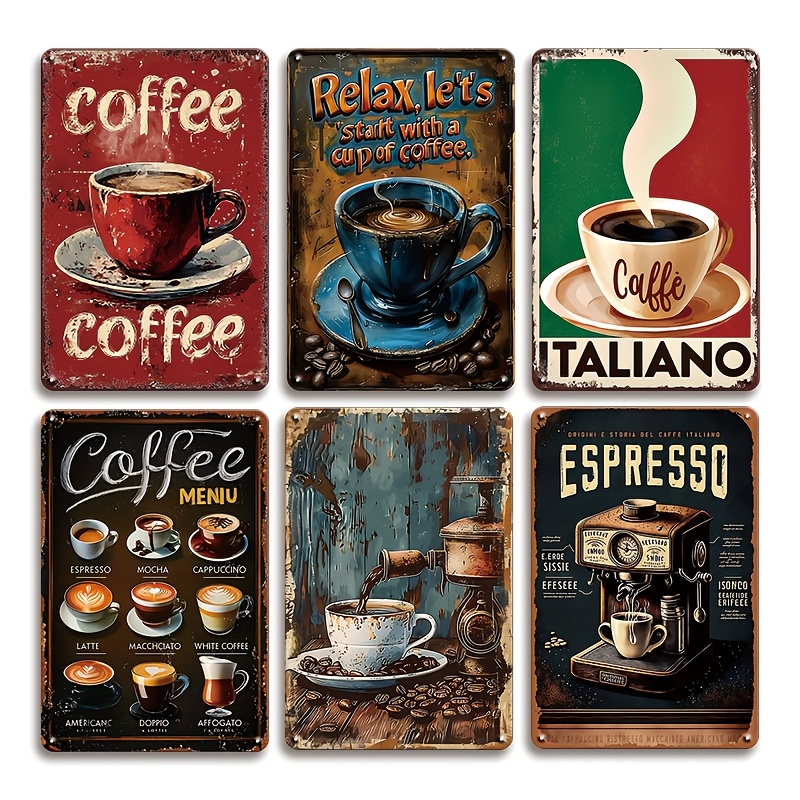 6er-set kaffeebar vintage blechschilder wandkunst dekor metallposter schild plakette innen- & außendekoration für zuhause, raumdekoration, café-bar-dekor, schlafzimmerdekor, garagen-pub-männerhöhle-küchendekor, vorgebohrte löcher, wasserdicht