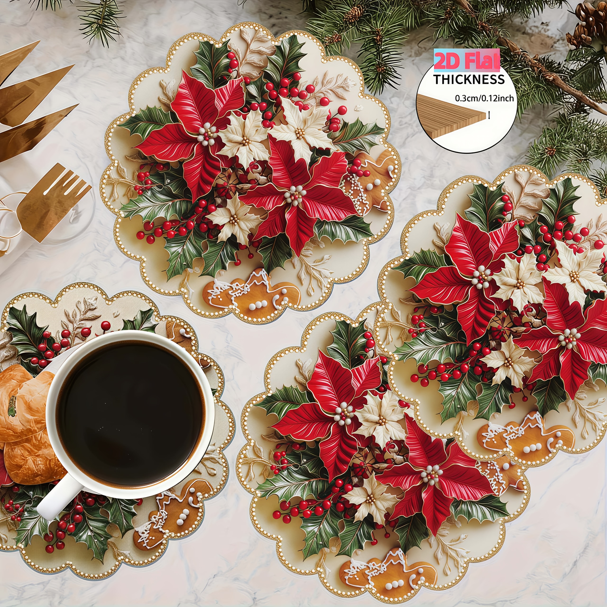 TEMU Lot de 4 sets de table ronds festifs en bois à motif floral avec fleurs décoratives et marguerites - Tapis antidérapants et résistants à la