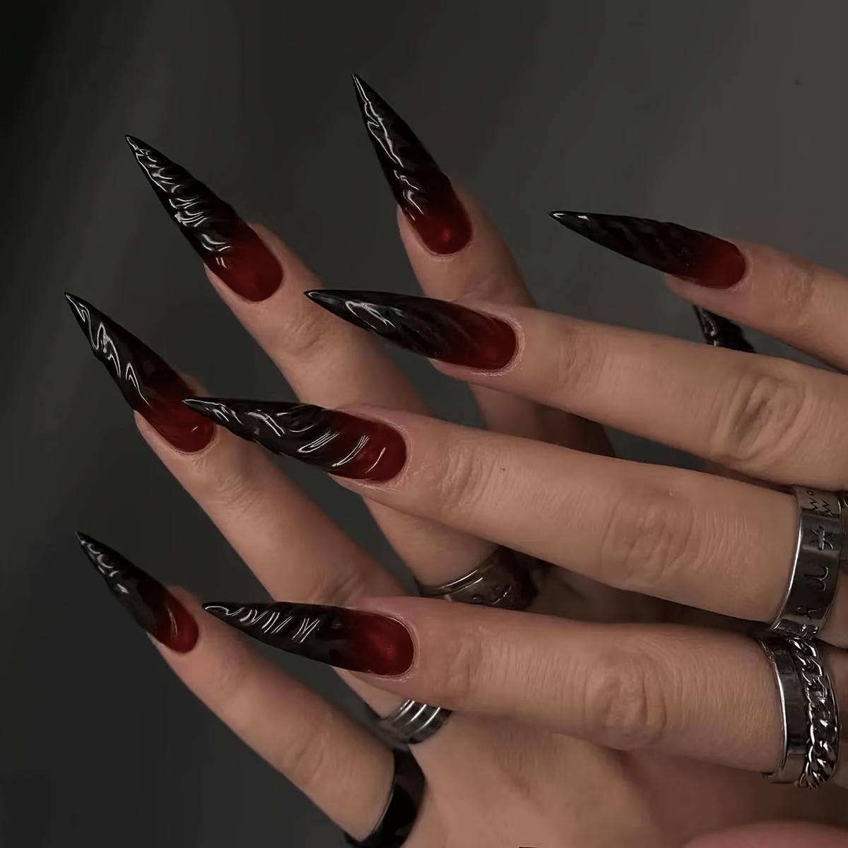 TEMU Lot de 24 faux ongles détachables de style gothique , peints à la colle 3D avec dégradé, art d'ongle tendance, art d'ongle long d' pour femme,