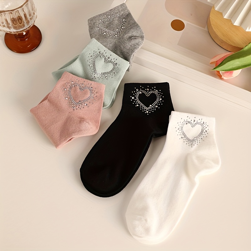 1/2/3/5 Pairs Of New Sparkling Diamond Heart Soft Women's Socks