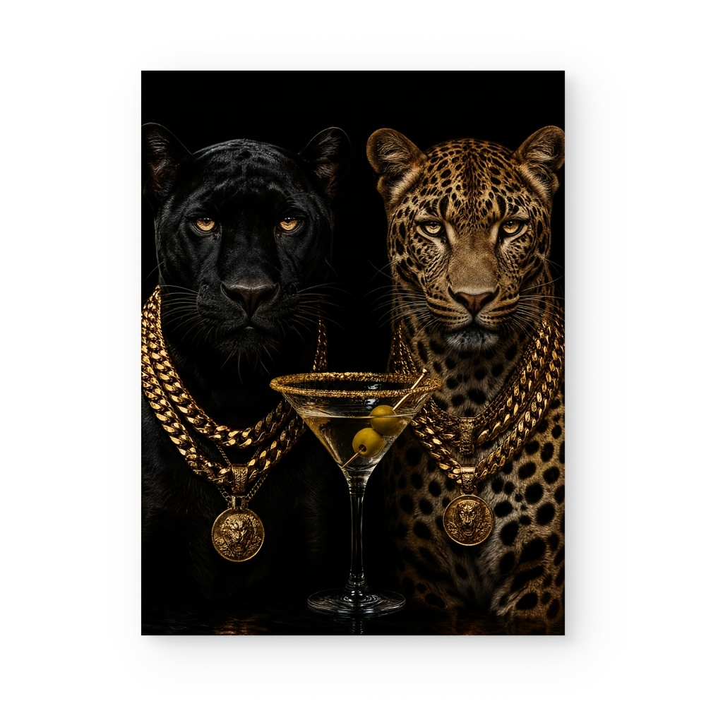 TEMU Toile d'art mural 2D plate, affiches et cadre, luxe, animal, léopard, panthère, cocktail, chaîne dorée, portrait, impression HD haute résolution