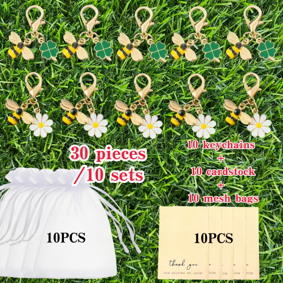 E-shop 30 Stück/10 Sets. 10 Schlüsselanhänger + 10 Dankeskarten + 10 Netzbeutel. Bezauberndes Bienen-Vierblättriges-Kleeblatt-