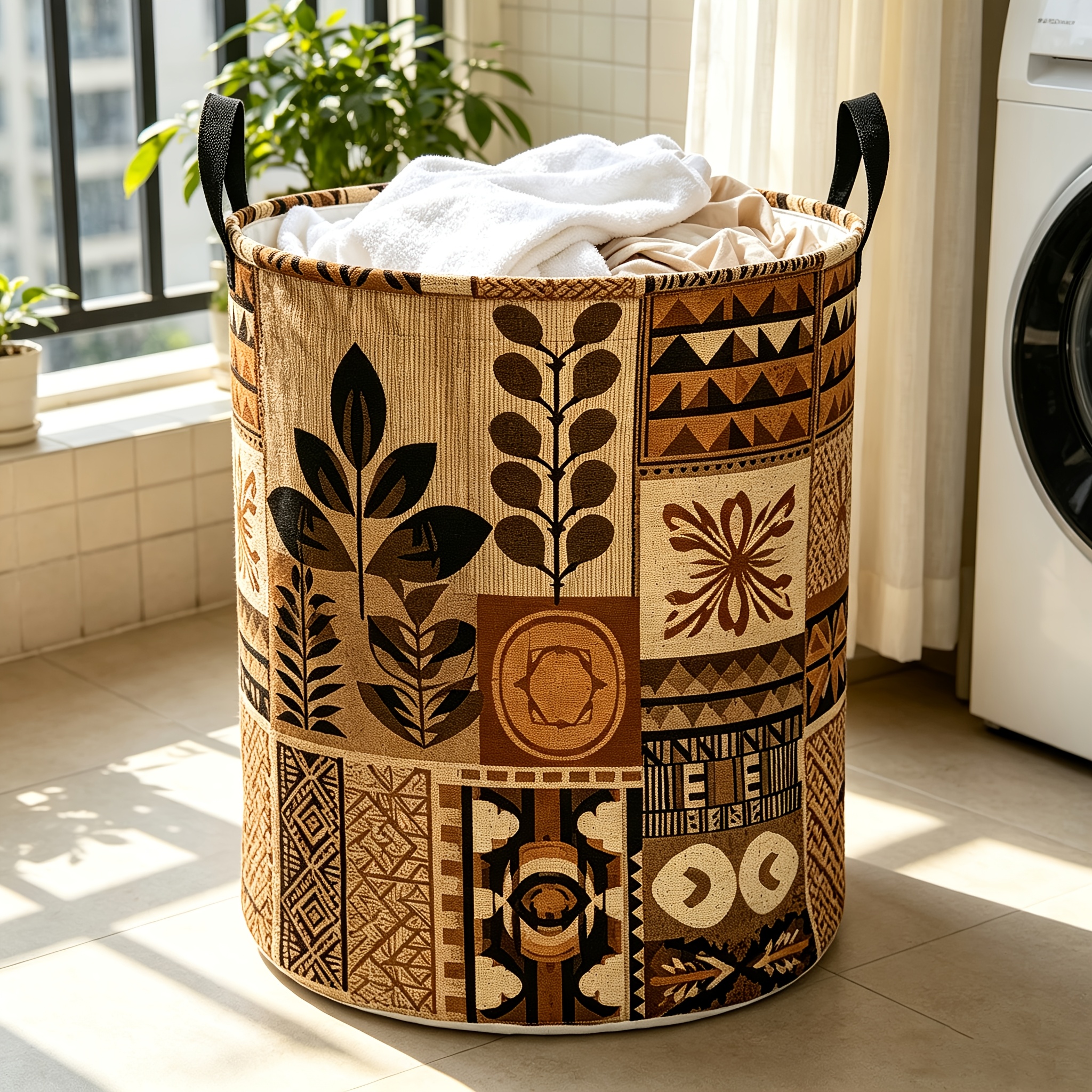 TEMU Bohemian Ethnic Style Geometric Leaf 2d Printed Round Laundry Basket, Handle-equipped Foldable Storage Basket, Large Capacity Home Bedroom