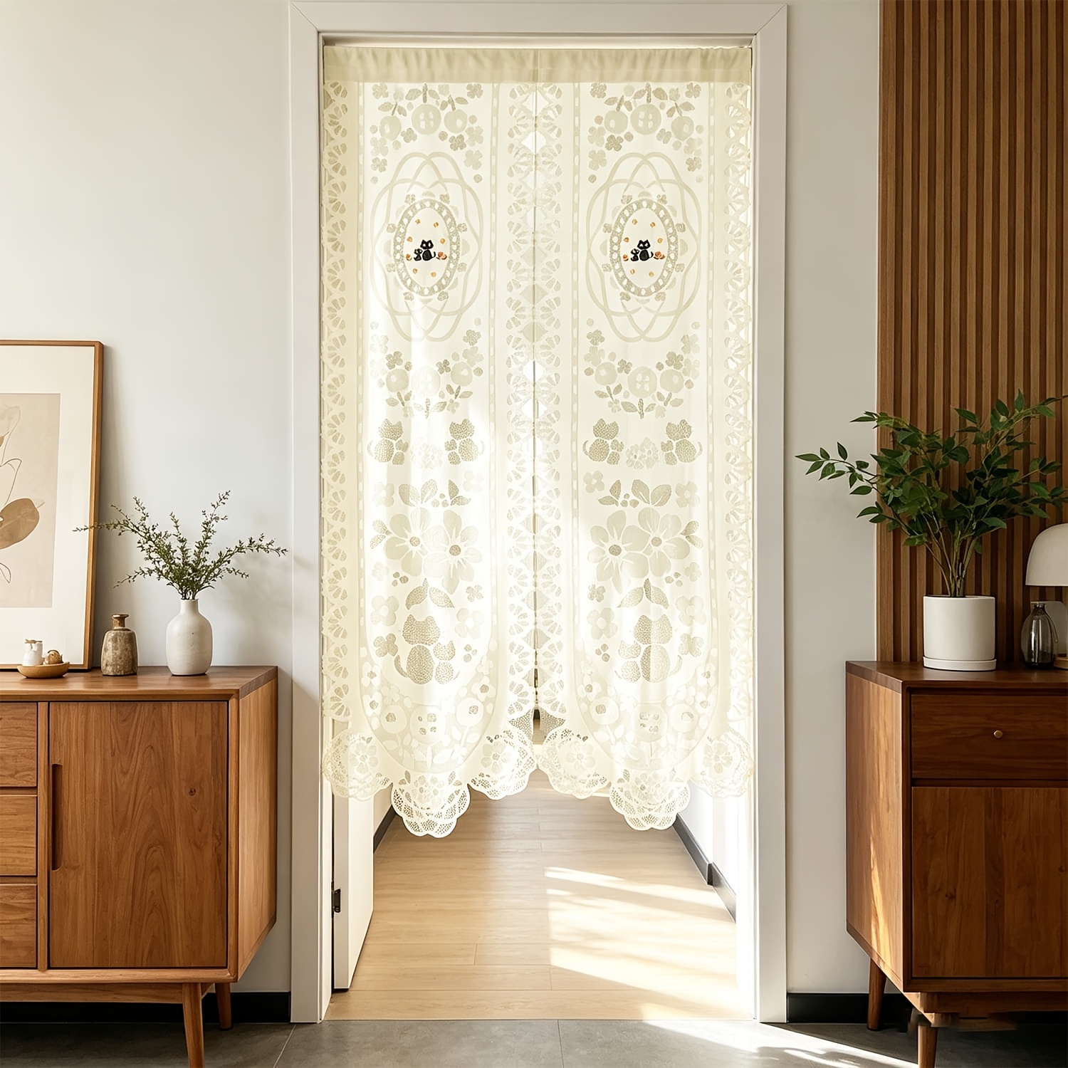 TEMU Rideau de porte 1 panneau en dentelle esthétique bohème, rideau en dentelle, rideau voilage avec broderie florale de chat pour porte de cuisine,